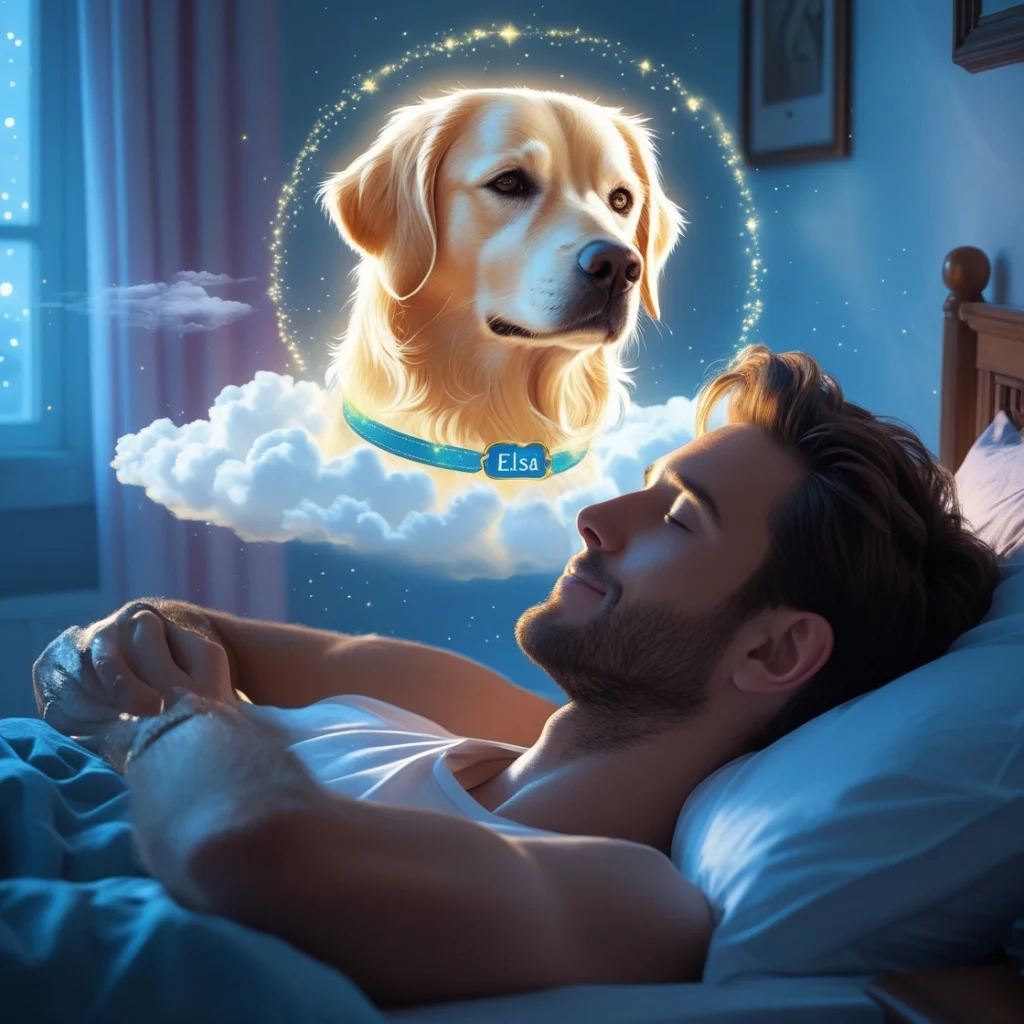 Un homme endormi rêve de son chien disparu. Au-dessus de lui, Elsa, golden retriever angélique, apparaît dans un nuage lumineux.